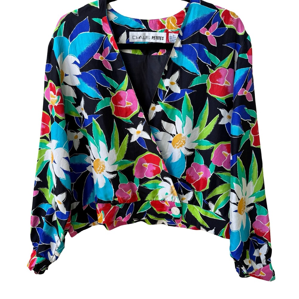Chaus Vintage 80s 90s 100% Silk Tropical Floral Cropped Maximalist Jacket 14P